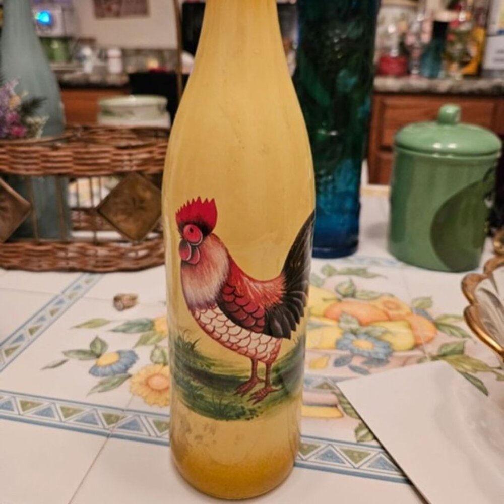 Hand painted Rooster wine bottle